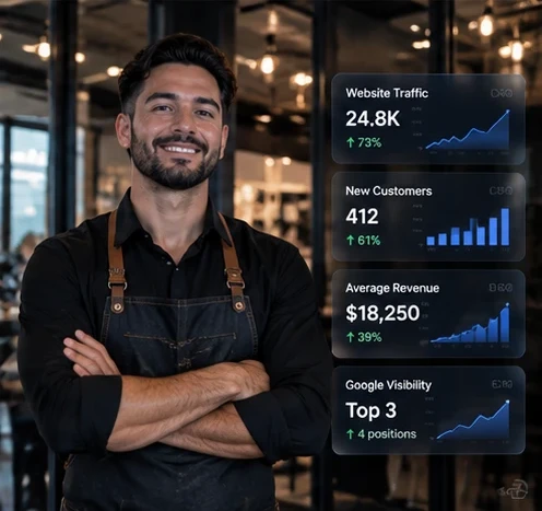 Confident local business owner next to growth metrics