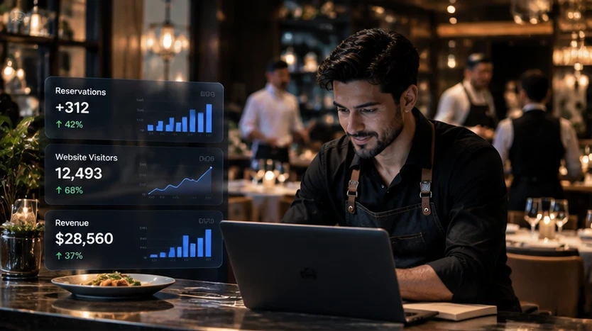 Restaurant owner reviewing reservations and revenue on a laptop