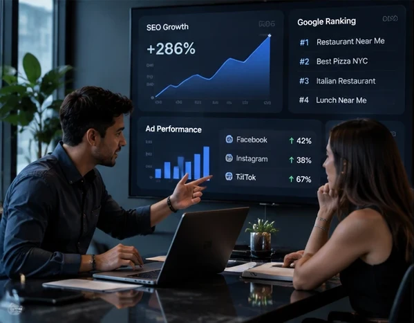 Strategy meeting reviewing SEO growth and ad performance