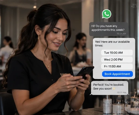Salon owner confirming an appointment through WhatsApp on her phone